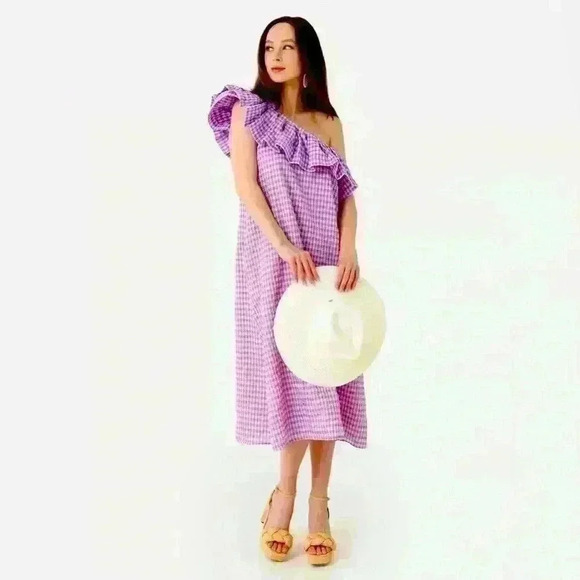 NEVER A WALLFLOWER Dresses & Skirts - NEVER A WALLFLOWER Women's One-Shoulder MIDI Dress Purple Gingham Checkered Med